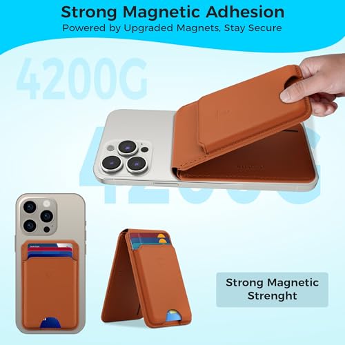 Genuine Leather MagSafe Wallet with Stand | RFID Blocking Magnetic Phone Wallet Card Holder for iPhone 17/16/15/14/12 | Ultra-Slim Minimalist Design | Stronger Magnetic Grip (LIGHT BROWN) - color: LIGHT BROWN
