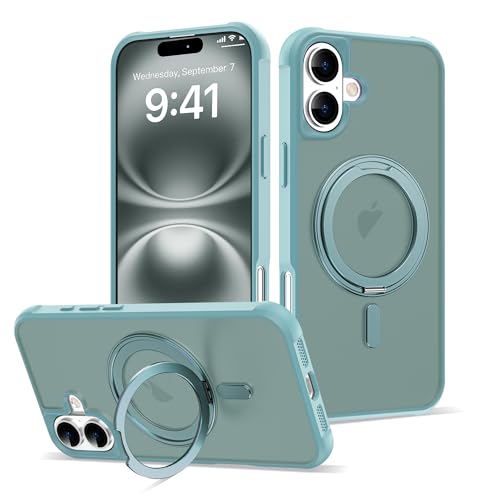 for iPhone 16 Plus Case with 360° Rotatable Magnetic Ring Stand [Compatible Mag-Safe] [Military Grade Protection] Translucent Matte Phone Cases for Women Men 6.7'', Green - color: Green, size: Iphone 16 PLUS