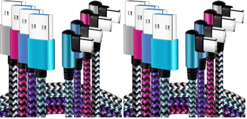 Teeind USB C Angle Cord: [90 Degree/6ft/4Pack] Nylon USB C Cable Compatible with Samsung Galaxy S10/S10e/9/Note 10, Charger Cable-[Blue/Black/Magenta/Purple] (Pack of 2) - size: 6 feet (Pack of 2)