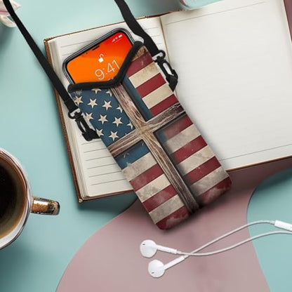 Small Cell Phone Crossbody Bag for Women Men Waterproof Neoprene Phone Bag Purse with Shoulder Strap Multifunctional Travel Bag for Cellphone, Keys, Lipstick, American Flag Cross Pattern - color: American Flag Cross Pattern