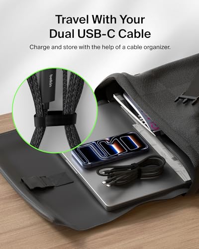 Belkin 2 in 1 USB C to C 140W Braided Cable, 5ft, Dual Charging Cord - color: Black