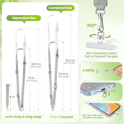 takyu Multifunctional Phone Lanyard, 3 in 1 Cell Phone Detachable Adjustable Crossbody Strap & Neck Lanyard & Wrist Lanyard with 2x Tether Tab for Most Smartphones, Outdoor Travel Essential Grey - color: Greyx1
