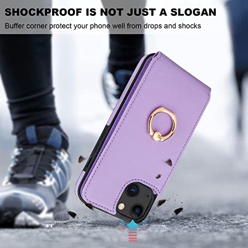 Folosu Compatible with iPhone 14 Case Wallet with Card Holder, 360°Rotation Finger Ring Holder Kickstand, RFID Blocking Leather Protective Double Buttons Shockproof Cover 6.1 Inch Purple - color: Purple, size: iPhone 14