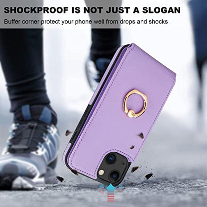 Folosu Compatible with iPhone 14 Case Wallet with Card Holder, 360°Rotation Finger Ring Holder Kickstand, RFID Blocking Leather Protective Double Buttons Shockproof Cover 6.1 Inch Purple - color: Purple, size: iPhone 14