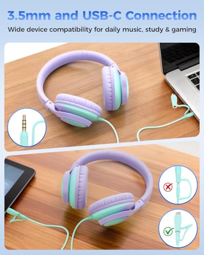 USB C & 3.5mm 2 in 1 Wired Headphones, Stereo Over Ear Headphones - color: Purple-Green