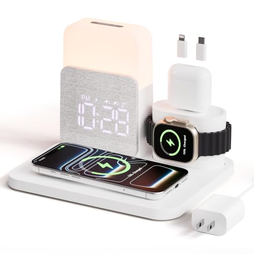 7 in 1 Wireless Charging Station, 25W Charger with Alarm Clock Night Light - color: White