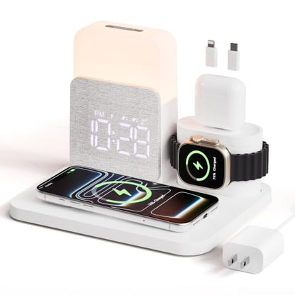 7 in 1 Wireless Charging Station, 25W Charger with Alarm Clock Night Light - color: White