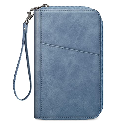 FINTIE Family Passport Holder Wallet Travel Document Organizer Clutch Bag | RFID Blocking Credit Cards Case Cover for Women Men - color: Haze Blue