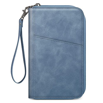 FINTIE Family Passport Holder Wallet Travel Document Organizer Clutch Bag | RFID Blocking Credit Cards Case Cover for Women Men - color: Haze Blue