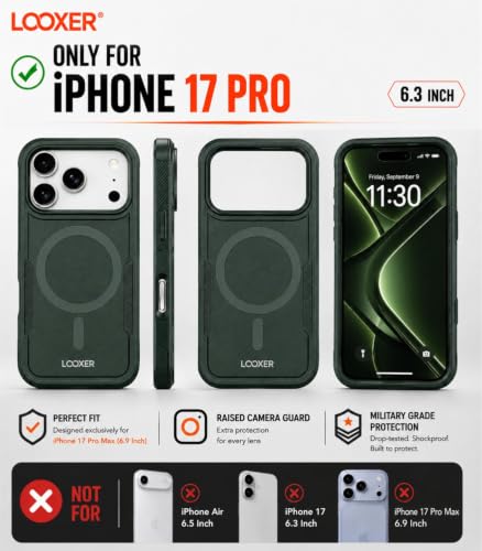 LOOXER® Heavy Duty Rugged Magnetic Case for iPhone 17 Pro (6.3”) | Military Grade Shockproof Protection,MagSafe Compatible+ Tempered Glass Included (Green, 17 Pro) - color: Green, size: 17 Pro