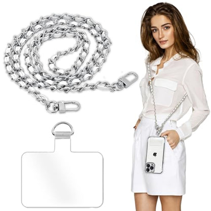 Phone Crossbody Chain Cell Phone Lanyard,Leather+Metal Shouder Strap Universal Cellphone Chain Strap with Tether Patches Compatible with Most Phones Bag Purse Silver+White - color: B