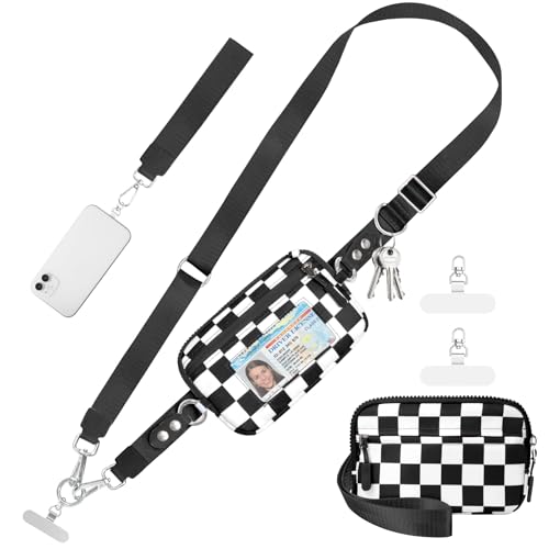 Tiostep Clip and Go Strap for Phone with Wallet Crossbody Phone Lanyard Adjustable and Detachable RFID Wristlet Wallet (Black White Checkered, Medium) - color: Black White Checkered, size: Medium
