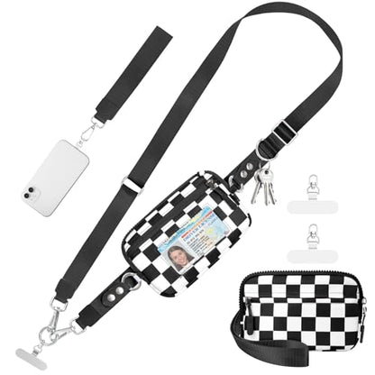 Tiostep Clip and Go Strap for Phone with Wallet Crossbody Phone Lanyard Adjustable and Detachable RFID Wristlet Wallet (Black White Checkered, Medium) - color: Black White Checkered, size: Medium