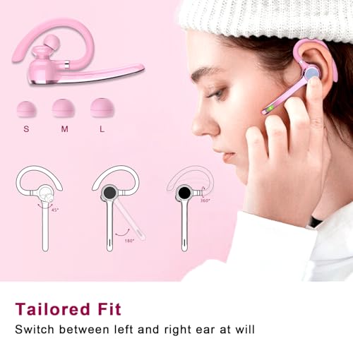 HEIBAS Bluetooth Headset, Wireless Earpiece with Mic for Work - color: Pure Pink