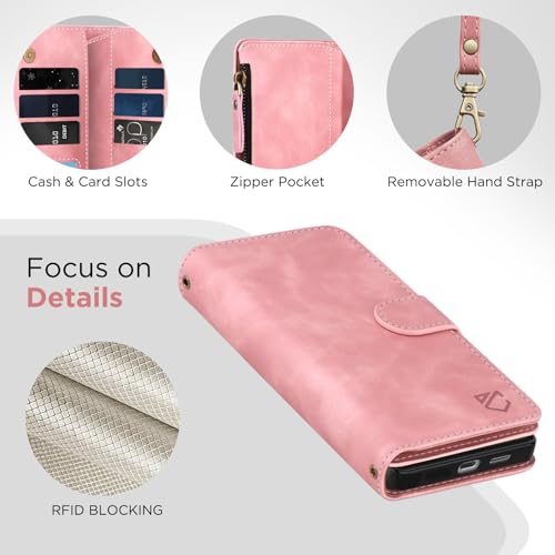 for Samsung Galaxy S24-FE-Wallet Case: with RFID Blocking Card Slots (6 Cards) | Soft PU Leather Magnetic Snap Zipper Pocket | Crossbody Wrist Strap Protective Phone Cover - Pink - color: Pink, size: Galaxy S24 FE（6.7‘’）