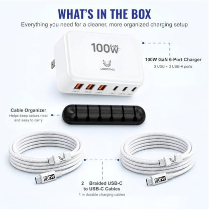 100W GaN USB C Charger Block, Slim Flat 6-Port Fast Charging Block