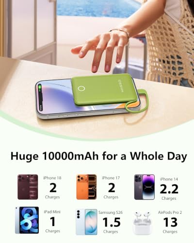 miisso 10000mAh Mini Portable Charger with Built in Cable, Green - color: Green
