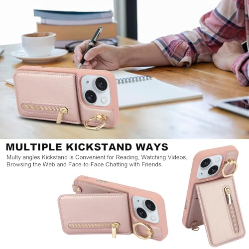 Crossbody Wallet Case for iPhone 11, with Card Slots Zipper Pocket Case, Flip Folio Purse RFID Blocking with Ring Kickstand Detachable Strap-Pink - color: Pink, size: iPhone 11(6.1")