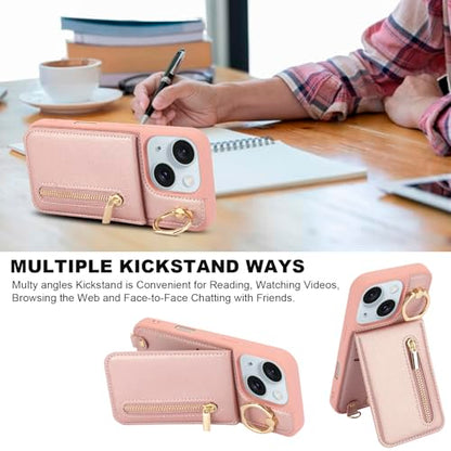 Crossbody Wallet Case for iPhone 11, with Card Slots Zipper Pocket Case, Flip Folio Purse RFID Blocking with Ring Kickstand Detachable Strap-Pink - color: Pink, size: iPhone 11(6.1")
