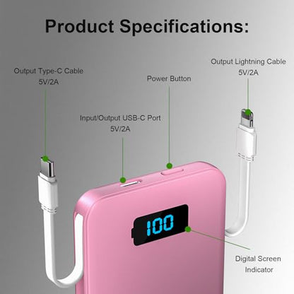 Ultra-Slim 5000mAh Portable Charger for iPhone & Android, Mini Power Bank with Built-in Cables (USB-C & iOS), 5V/2A Small External Battery Pack for iPhone 16/15/14/13, Samsung, Google – Pink