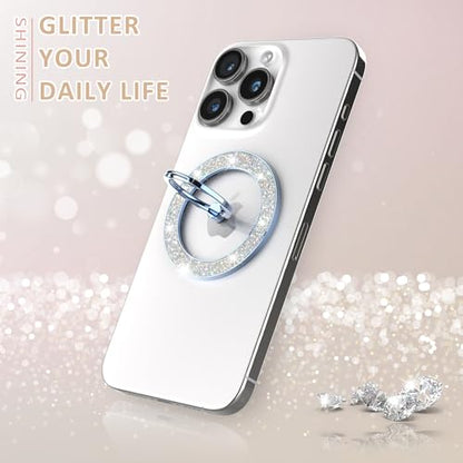 Pikabo Magnetic Phone Ring Holder for MagSafe, Glitter Phone Grip Stand - color: Glitter Blue