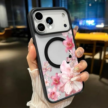 Blush Floral Cascade Magnetic Phone Case for iPhone 11-17 Series, Anti-Yellowing Shockproof, Ultra-Thin Transparent Cover, Elegant Gift (Black, iPhone 17 Pro) - color: Black