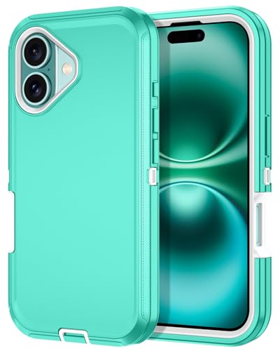 for iPhone 16 Case Heavy Duty Protective Shockproof Dropproof 3-Layer Full Body Protection [Without Screen Protector] Tough Rugged Cover for Apple iPhone 16 6.1 inch 2024,Teal/White - color: Teal/White