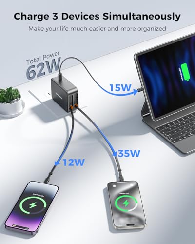 SUPERONE 62W Retractable Wall Charger with Dual USB C & Apple Cables - size: Type-C & Apple Cables - Black
