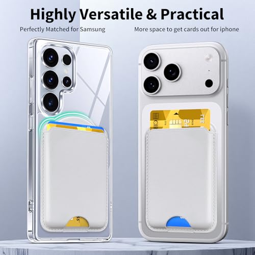Magnetic Wallet for Samsung Galaxy S26 S25 S24 Series, Fold 8 Ultra with Magsafe Case, for iPhone 17-12 Series, RFID Blocking Leather Magnetic Card Holder | Holds 3 Cards | White - color: White