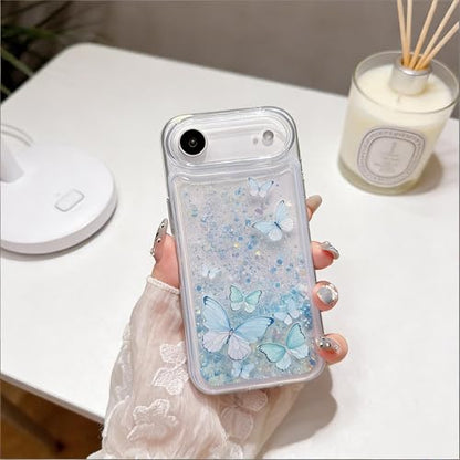 Compatible with iPhone Air Glitter Butterfly Case Glow in The Dark Women Girls Girly Bling Sparkle Flowing Quicksand Light up Soft TPU Bumper Luminous Clear Phone Cover, Pink - color: Blue, size: iPhone Air