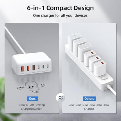 100W 6 in 1 USB Charger, 50% Smaller Charging Station for Multiple Devices - color: A-White