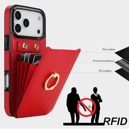 Folosu for iPhone 17 Pro Max Case Wallet,Finger Ring Holder Cover Red - color: Red