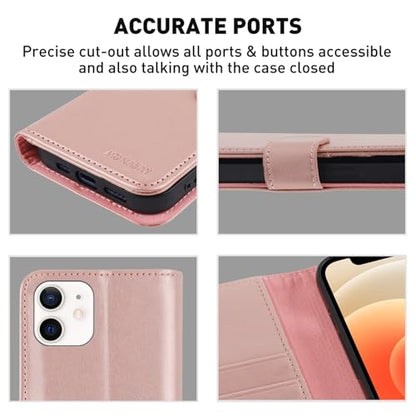 MONASAY Wallet Case Compatible for iPhone 12 mini 5G 5.4-inch,[Glass Screen Protector Included] [RFID Blocking] Flip Folio Leather Cell Phone Cover with Credit Card Holder, Rosegold - color: Rosegold
