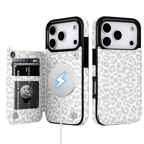 HAOPINSH Wallet Case for iPhone 17 Pro, Compatible with MagSafe Wireless Charging, White Leopard Cheetah Pattern Back Flip Folio Leather Kickstand Card Slots Case Double Magnetic Clasp Cover 6.3" - color: White Leopard for MagSafe