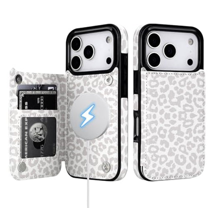 HAOPINSH Wallet Case for iPhone 17 Pro, Compatible with MagSafe Wireless Charging, White Leopard Cheetah Pattern Back Flip Folio Leather Kickstand Card Slots Case Double Magnetic Clasp Cover 6.3" - color: White Leopard for MagSafe