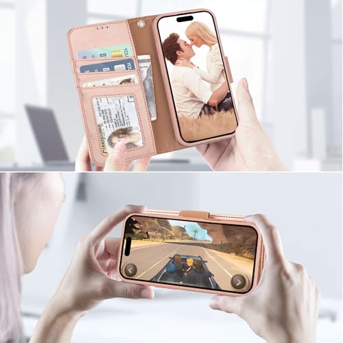 Arae Compatible with iPhone 17 Case Wallet with Card Holder, Wristlet Strap Wallet Flip Cover for iPhone 17 6.1 inch Men/Women, RFID Blocking, Kickstand, Rose Gold - color: Rose Gold, size: iPhone 17 6.1 inch
