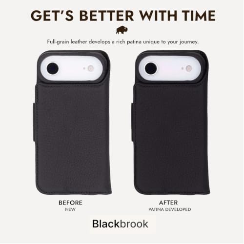 BLACKBROOK Detachable Leather Wallet Case Compatible with iPhone Air | Full-grain detachable folio with RFID blocking, 3 card slots, ID window, built-in kickstand, wireless charging, handcrafted. - color: Pebble Black, size: iPhone 17 Air