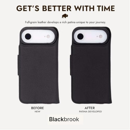 BLACKBROOK Detachable Leather Wallet Case Compatible with iPhone Air | Full-grain detachable folio with RFID blocking, 3 card slots, ID window, built-in kickstand, wireless charging, handcrafted. - color: Pebble Black, size: iPhone 17 Air