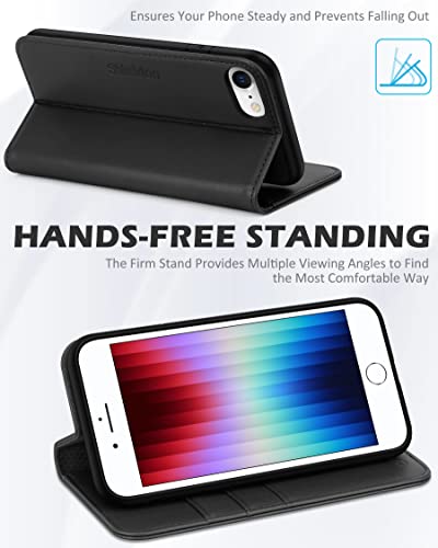 SHIELDON Genuine Leather Wallet Case for iPhone SE 2022/SE 2020/8/7, Black | Magnetic Closure, RFID Blocking, Credit Card Holder, Kickstand, Folio Design, Shockproof Phone Cover - color: Black