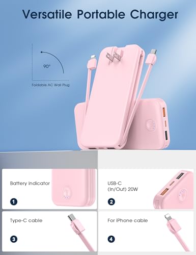 Nusyddy Portable Charger 10000mAh Fast Charging w/Built-in Wall Plug Pink - color: Pink