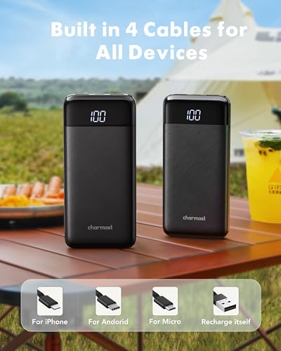 charmast 2 Pack Portable Charger, 10000mAh Power Bank Built-in Cables - color: Black+Black