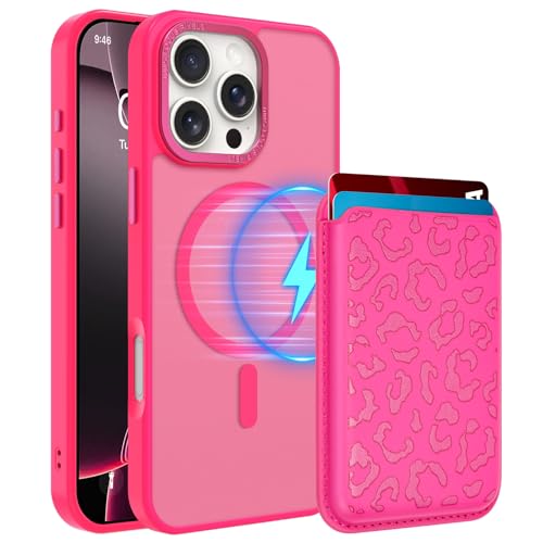 Magnetic Designed for iPhone 16 Pro Case 6.3" 2024, Hot Pink | [Compatible with Magsafe] [with Wallet & Card Holder] [Cute Cheetah Print] Slim Translucent Matte Phone Case - color: Hot Pink+Cheetah, size: iPhone 16 Pro