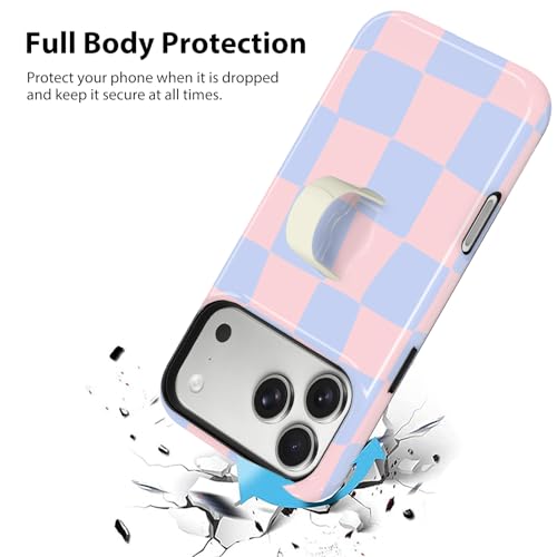 KANGHAR Compatible with iPhone 17 Pro Case Checkered -Pink Blue | Silicone Cute Pattern, Finger Hold Wristband Kickstand Camera Protection Soft Slim Phone Case for Girls Women - color: (Checkered)Pink Blue, size: iPhone 17 Pro