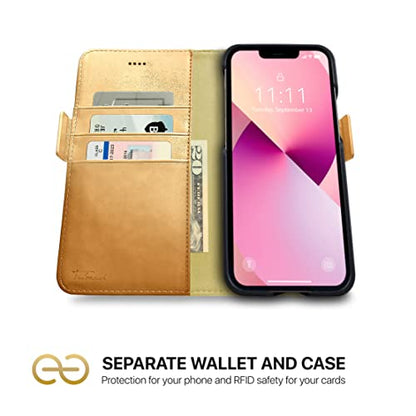 Dreem Vegan Leather Magnetic Detachable Wallet Case for iPhone 13 Gold | Built-in Phone Stand, RFID Blocking Card Holder Flip Cover, MagSafe Compatible, Gift Box [Fibonacci: Gold] - color: Gold, size: iPhone 13
