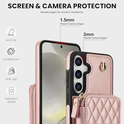 Phone Case for Samsung Galaxy S25 5G Wallet Cell Cover with Tempered Glass Screen Protector Wrist Crossbody Strap Stand RFID Blocking Credit Card Holder S 25 25S 25 25S SM-S931U Women Girls Rose Gold - color: Rose Gold