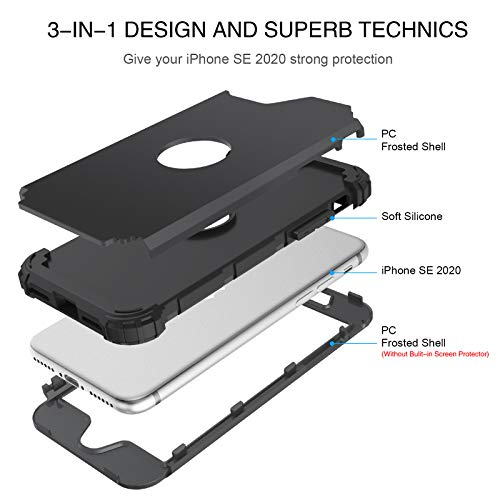 BENTOBEN for iPhone SE 2022 Case and Phone Case iPhone SE 2020, Heavy Duty 3 in 1 Full Body Rugged Shockproof Hybrid Hard PC Soft Rubber Bumper Drop Protective Girls Women Boy Men iPhone Covers, Black - color: Black
