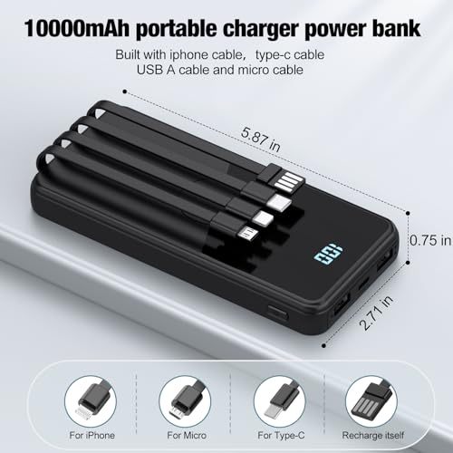 Portable Charger with Built in Cables,High Speed Power Bank 10000mAh Travel Battery Pack 5 Outputs 3 Inputs Portable Phone Charger Backup Battery for iPhone, Samsung, iPad,Tablets (Black) - color: Black