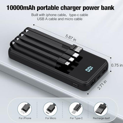 Portable Charger with Built in Cables,High Speed Power Bank 10000mAh Travel Battery Pack 5 Outputs 3 Inputs Portable Phone Charger Backup Battery for iPhone, Samsung, iPad,Tablets (Black) - color: Black