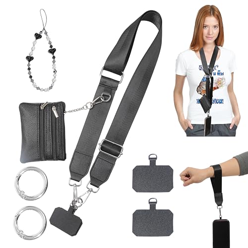 Clip and Go Phone Strap with Zippered Pouch,Phone Strap with Cellphone Chain Accessories - color: Black