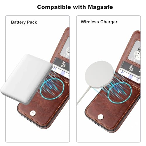 KIHUWEY for iPhone 16 Pro Wallet Case Card Holder for MagSafe, Brown | Wireless Charging, RFID, Flip PU Leather, Magnetic Clasp, Kickstand, Heavy Duty Protective Cover - color: Magsafe for Brown